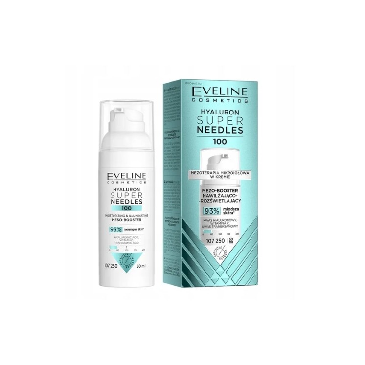 Eveline Hyaluron Super Needles 100 Mezo-booster nawilżająco-rozświetlający 50 ml Eveline Hyaluron Super Needles 100 Mezo-booster nawilżająco-rozświetlający 50 ml